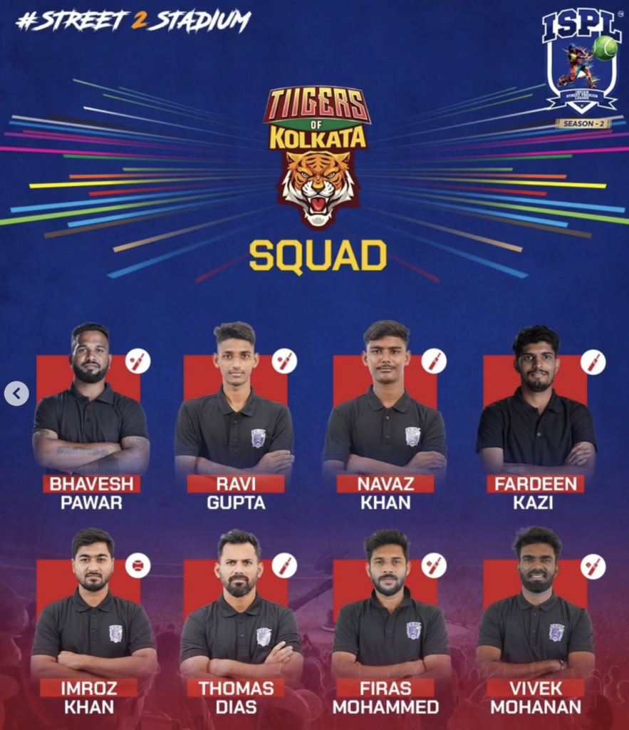 Tigers of Kolkata cricket players showcasing their unity and readiness for ISPL Season 2.